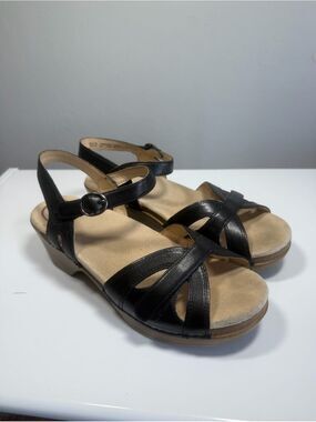 Dansko Black Leather Clog Sandals, Size 39 (fits US 8.5-9)